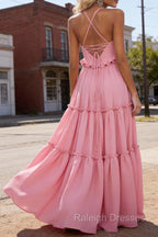 Pink A-line V Neck Sleeveless Floor-Length Chiffon Prom Dress Long Backless with Pleated Ruffles