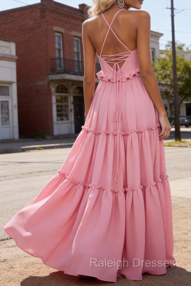 Pink A-line V Neck Sleeveless Floor-Length Chiffon Prom Dress Long Backless with Pleated Ruffles