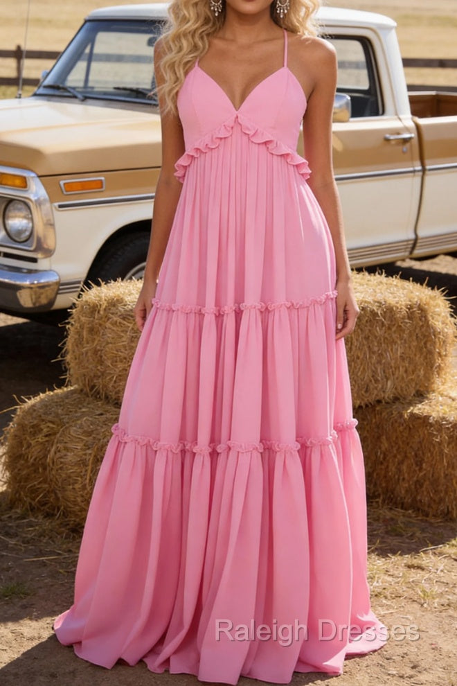 Pink A-line V Neck Sleeveless Floor-Length Chiffon Prom Dress Long Backless with Pleated Ruffles Main image