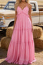 Pink A-line V Neck Sleeveless Floor-Length Chiffon Prom Dress Long Backless with Pleated Ruffles