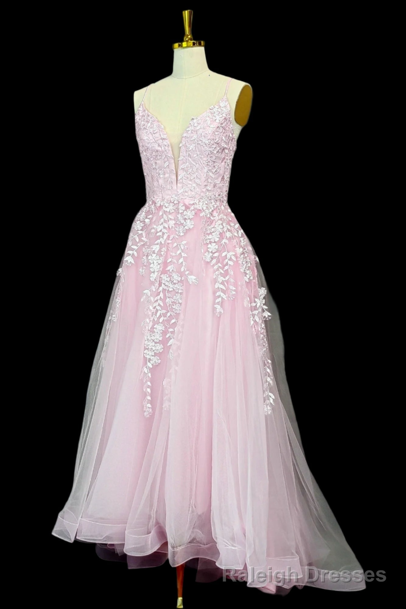 Pink A-line V Neck Spaghetti Straps Sweep Train Tulle Prom Dresses With Appliqued Beading