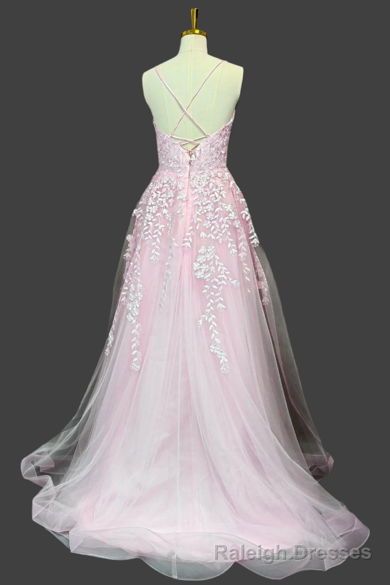 Pink A Line V Neck Spaghetti Straps Sweep Train Tulle Prom Dresses With Appliqued Beading