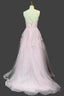 Pink A Line V Neck Spaghetti Straps Sweep Train Tulle Prom Dresses With Appliqued Beading