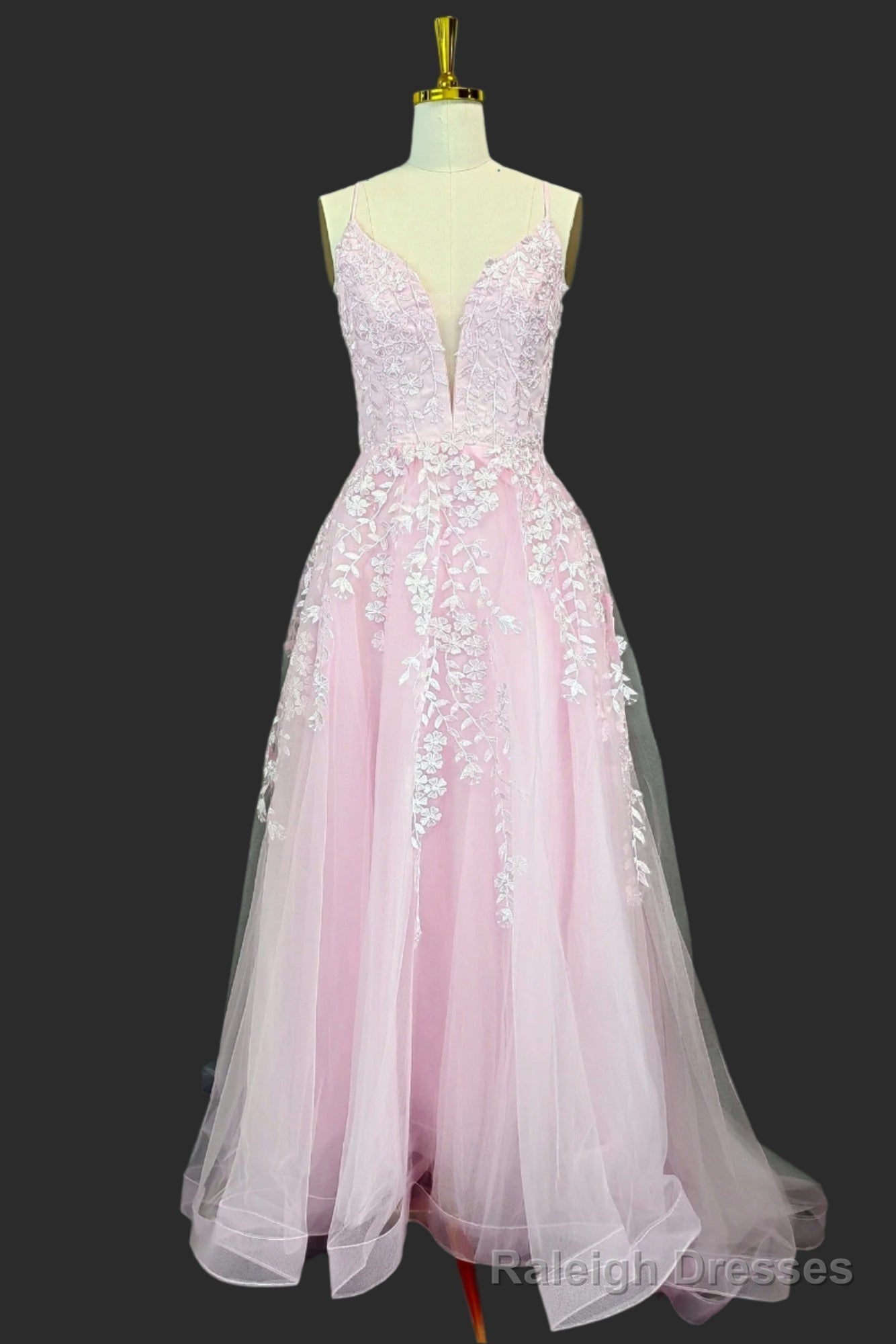 Pink A Line V Neck Spaghetti Straps Sweep Train Tulle Prom Dresses With Appliqued Beading