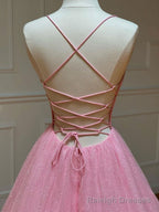 Pink A Line v neck tulle long prom dress, pink Prom dress