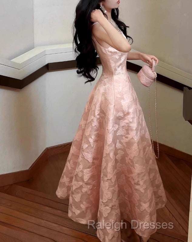 Pink A-Line Vintage Butterfly Embroidered Satin Prom Dresses Birthday Dressesed01772