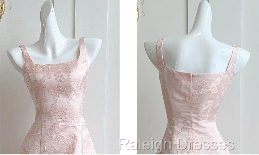 Pink A-Line Vintage Butterfly Embroidered Satin Prom Dress Birthday Dressed01772