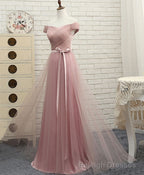 Pink A LineTulle Off Shoulder Long Prom Dress, Prom Dress