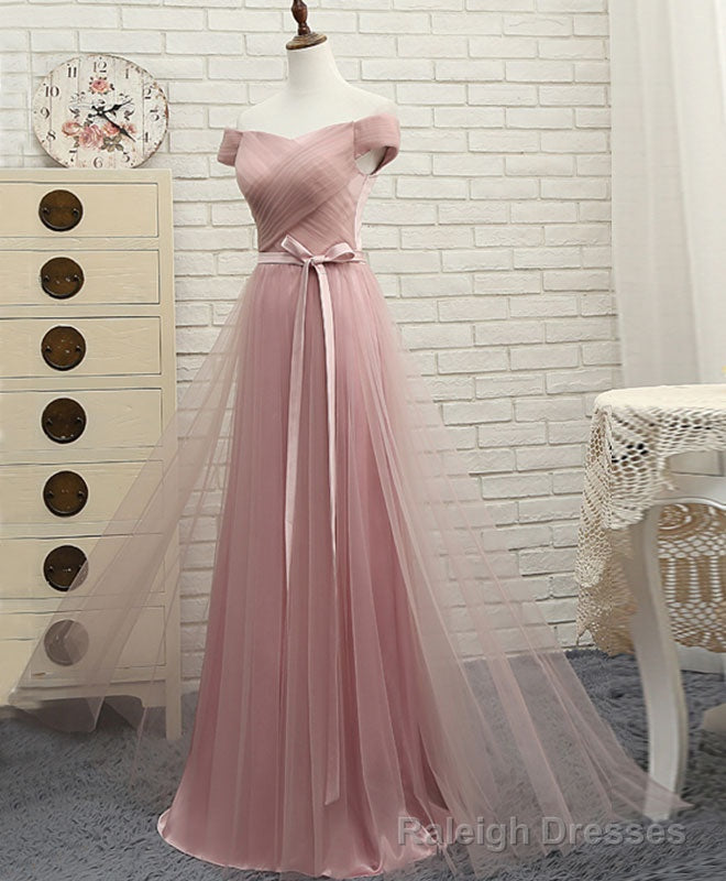 Pink A LineTulle Off Shoulder Long Prom Dress, Prom Dress