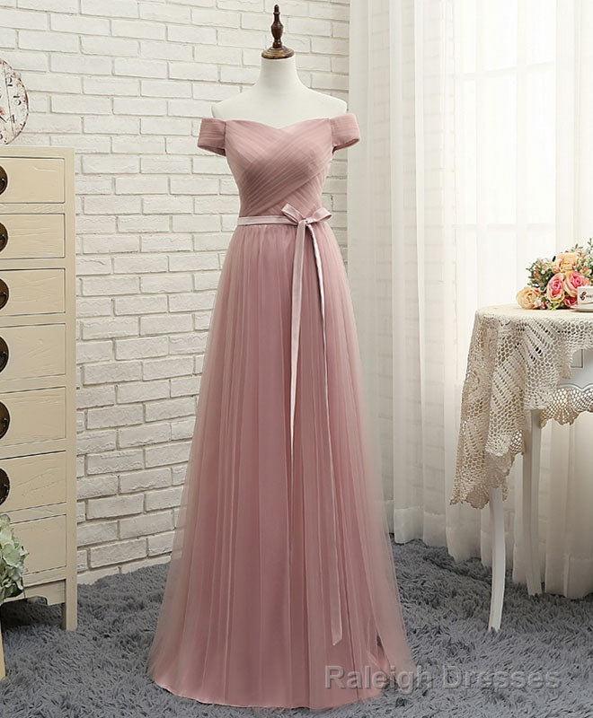 Pink A LineTulle Off Shoulder Long Prom Dress, Prom Dress