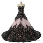 Pink And Black Applique Lace Quinceanera Ball Prom Dresses