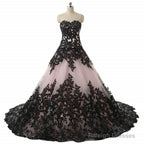 Pink And Black Applique Lace Quinceanera Ball Prom Dress