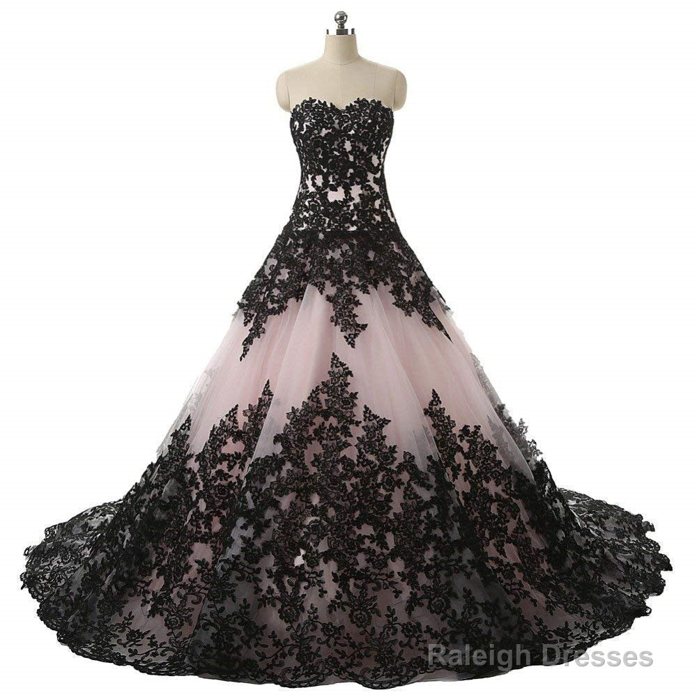 Pink And Black Applique Lace Quinceanera Ball Prom Dress