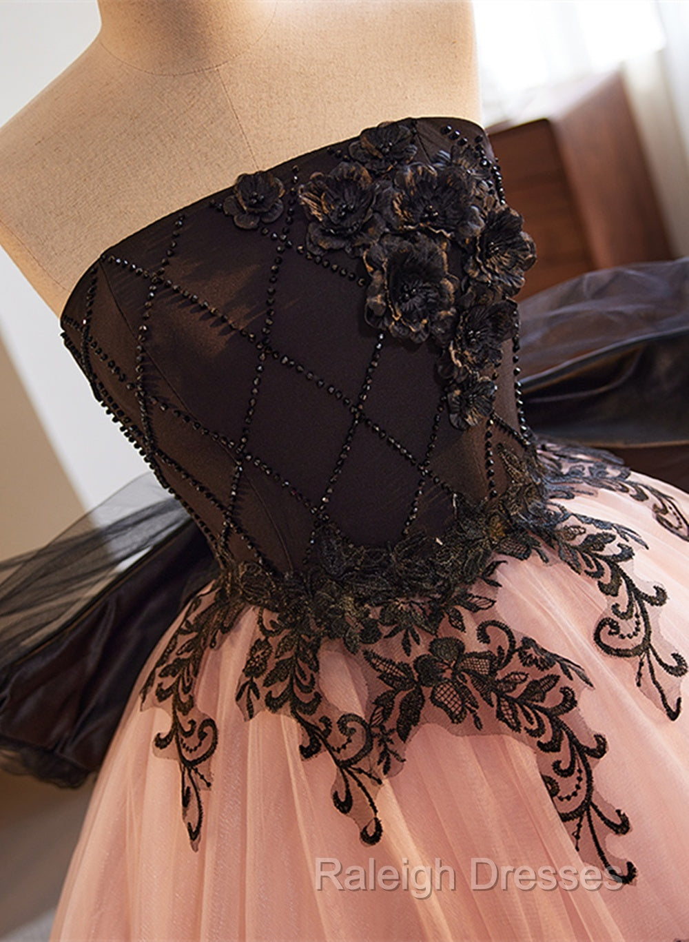 Pink And Black Lace Tulle Ball Gown Sweet 16 Dress, Pink And Black Long Formal Dress Secondary image