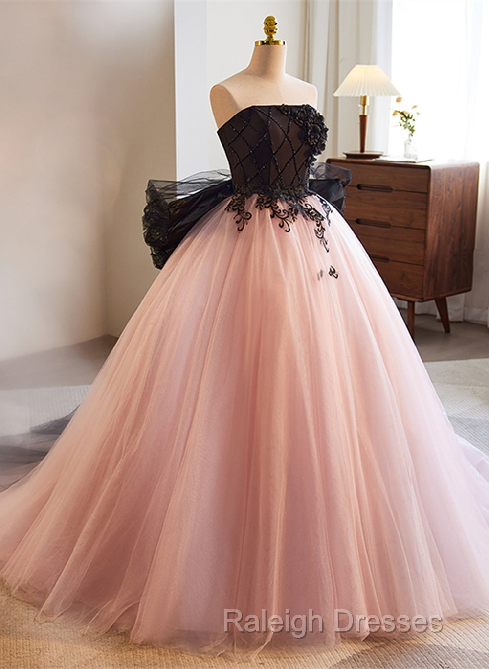 Pink And Black Lace Tulle Ball Gown Sweet 16 Dress, Pink And Black Long Formal Dress