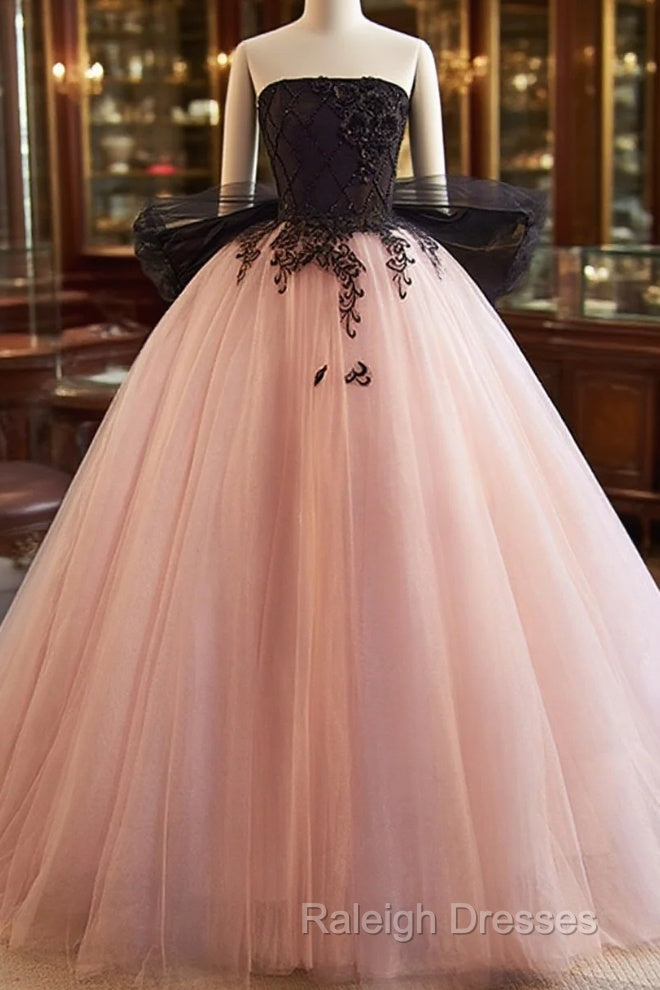 Pink And Black Lace Tulle Ball Gown Sweet 16 Dresses Pink And Black Long Prom Dresses