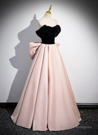 Pink And Black Off Shoulder Long Party Dress With Bow, Pink Long Evening Dress