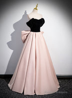 Pink And Black Off Shoulder Long Prom Dresses With Bow Pink Long Prom Dresses