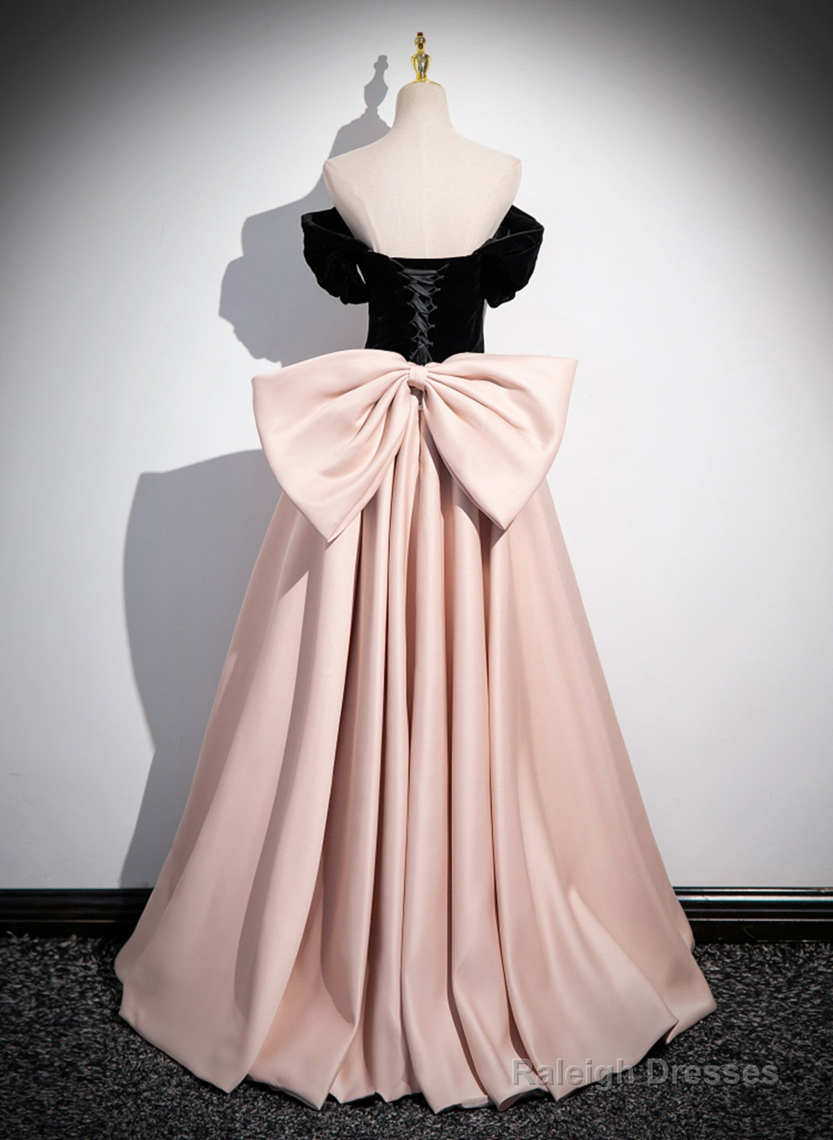 Pink And Black Off Shoulder Long Party Dress With Bow, Pink Long Evening Dress