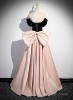 Pink And Black Off Shoulder Long Prom Dresses With Bow Pink Long Prom Dresses