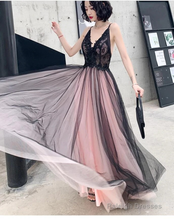 Pink And Black Stylish Tulle With Lace Long Formal Dresses, A-Line Tulle Evening Dresses Secondary image