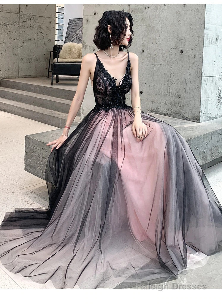 Pink And Black Stylish Tulle With Lace Long Formal Dresses, A-Line Tulle Evening Dresses Main image