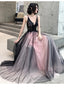 Pink And Black Stylish Tulle With Lace Long Formal Dresses, A-Line Tulle Evening Dresses