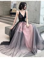 Pink And Black Stylish Tulle With Lace Long Prom Dress A-Line Tulle Prom Dress