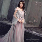 Pink And Grey Tulle Puffy Sleeves Prom Dresses With Flowers A-Line Tulle Prom Dress