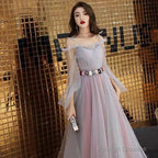 Pink And Grey Tulle Puffy Sleeves Prom Dresses With Flowers A-Line Tulle Prom Dress