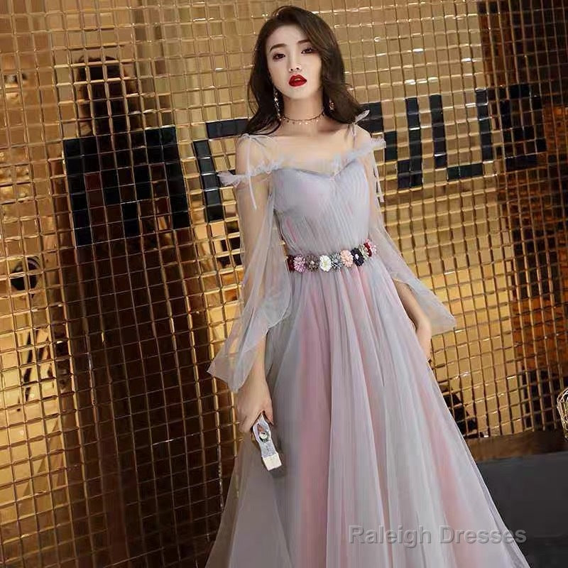Pink And Grey Tulle Puffy Sleeves Prom Dresses With Flowers A-Line Tulle Prom Dress