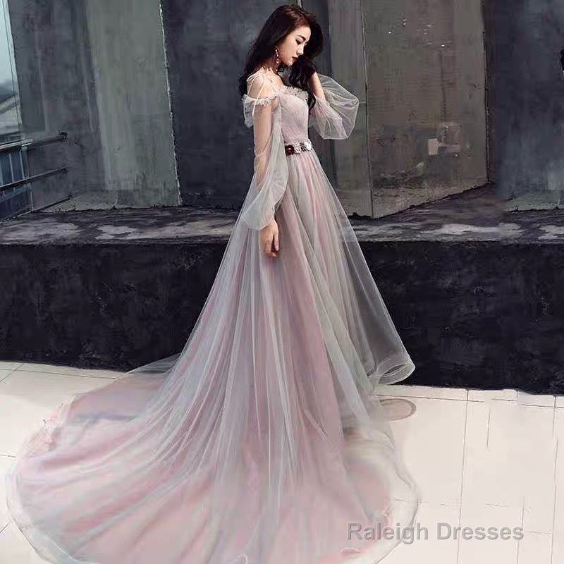 Pink And Grey Tulle Puffy Sleeves Prom Dresses With Flowers A-Line Tulle Prom Dress