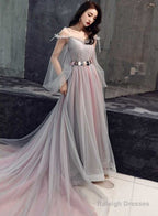 Pink And Grey Tulle Puffy Sleeves Formal Dress With Flowers, A-Line Tulle Party Dresses