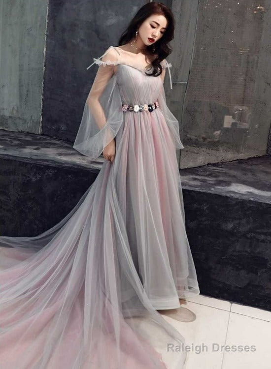 Pink And Grey Tulle Puffy Sleeves Prom Dresses With Flowers A-Line Tulle Prom Dress Main image