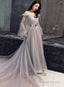 Pink And Grey Tulle Puffy Sleeves Prom Dresses With Flowers A-Line Tulle Prom Dress