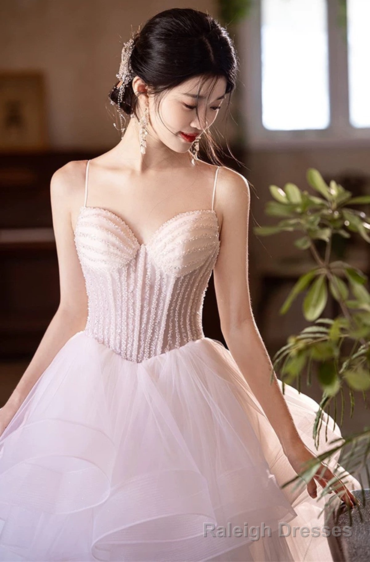 Pink and White Tulle Beaded Layers Sweet 16 Dress, Tulle Long Prom Dress Secondary image