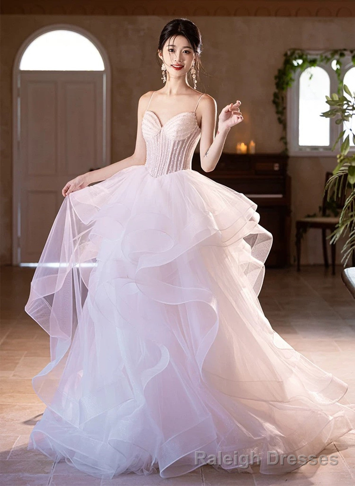 Pink and White Tulle Beaded Layers Sweet 16 Dress, Tulle Long Prom Dress Main image