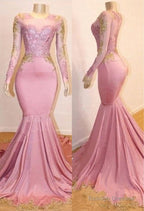 Pink Appliques Long Sleevess Prom Dresses New Arrival Gorgeous Mermaid Evening Gowns