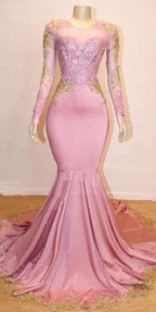 Pink Appliques Long Sleevess Prom Dresses New Arrival Gorgeous Mermaid Evening Gowns