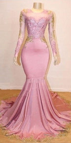 Pink Appliques Long Sleevess Prom Dress New Arrival Gorgeous Mermaid Prom Gown