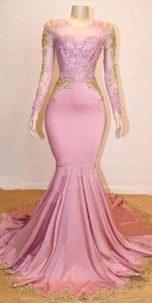 Pink Appliques Long Sleevess Prom Dress New Arrival Gorgeous Mermaid Prom Gown