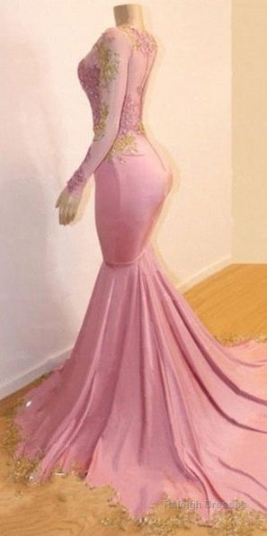 Pink Appliques Long Sleevess Prom Dresses New Arrival Gorgeous Mermaid Evening Gowns