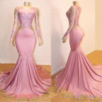 Pink Appliques Long Sleevess Prom Dress New Arrival Gorgeous Mermaid Prom Gown
