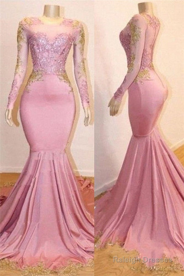 Pink Appliques Long Sleevess Prom Dresses New Arrival Gorgeous Mermaid Evening Gowns Main image