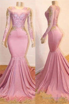 Pink Appliques Long Sleevess Prom Dresses New Arrival Gorgeous Mermaid Evening Gowns