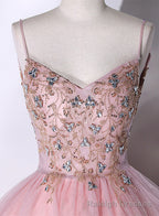 Pink Ball Gowns Beaded V Neckline Prom Dress, Pink Sweet 16 Dresses