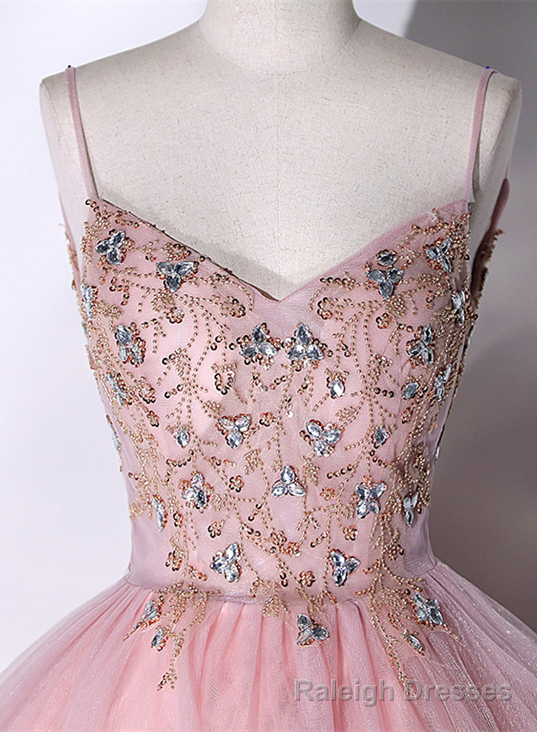 Pink Ball Gowns Beaded V Neckline Prom Dress, Pink Sweet 16 Dresses