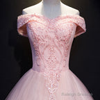 Pink Ball Gown Long Tulle Party Dress, Off Shoulder Prom Dress