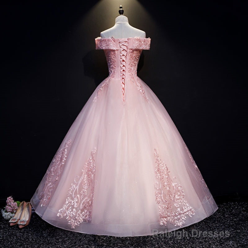 Pink Ball Gowns Long Tulle Prom Dresses Off Shoulder Prom Dresses