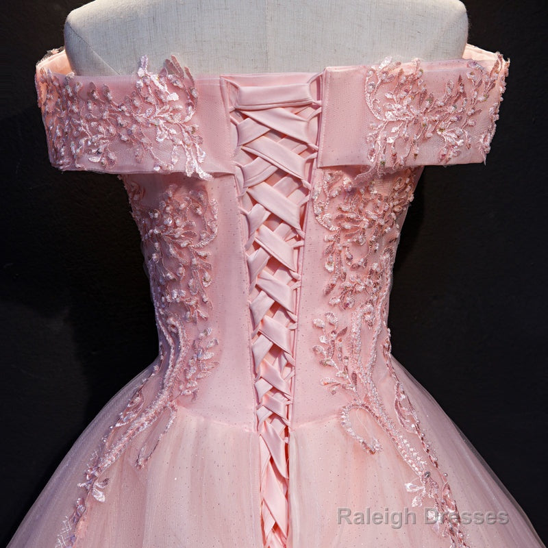 Pink Ball Gowns Long Tulle Prom Dresses Off Shoulder Prom Dresses